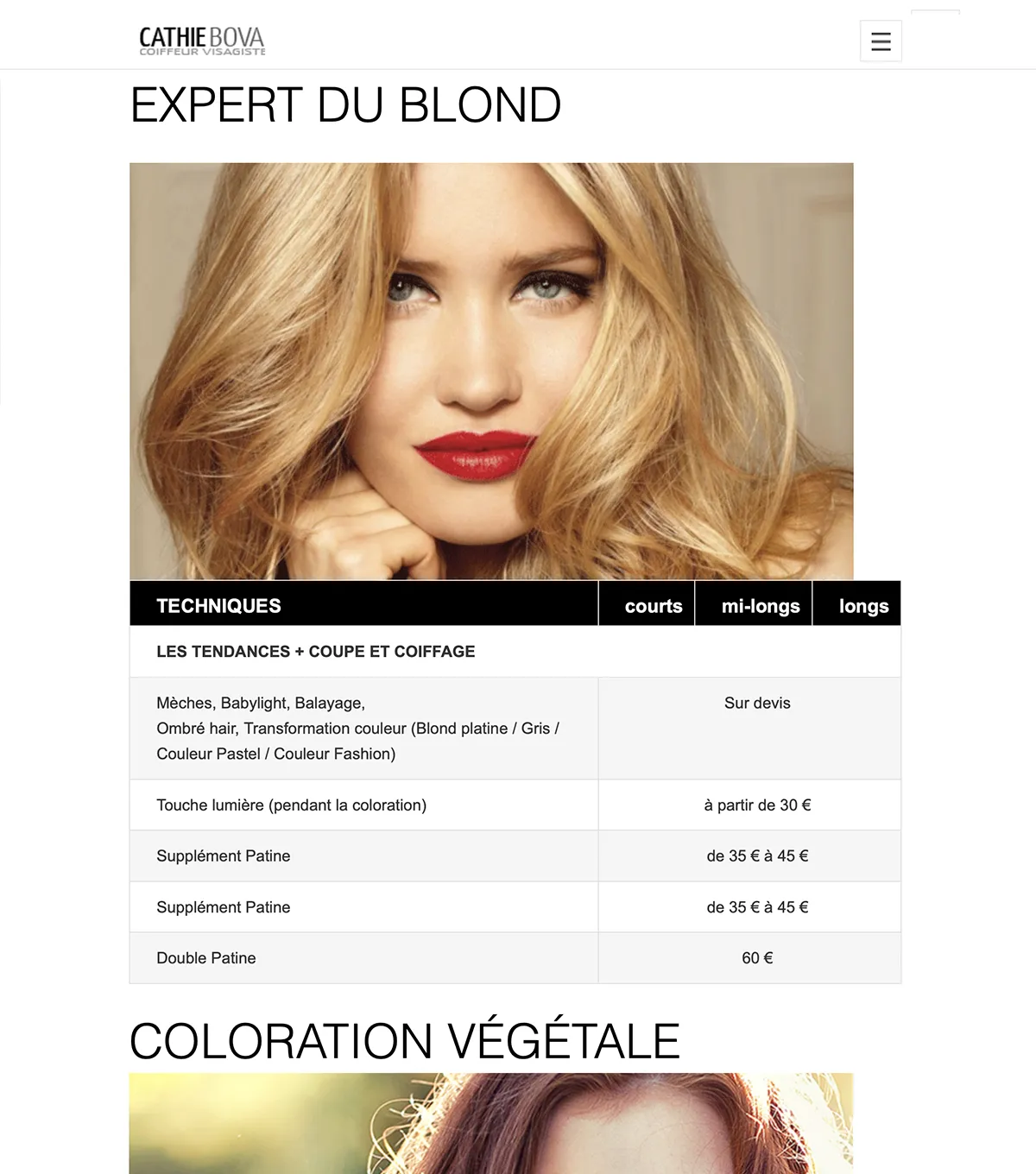 Site vitrine - Salon Cathie Bova - Coiffeur Visagiste - créé par e-Link Multimédia création de sites web à Antibes